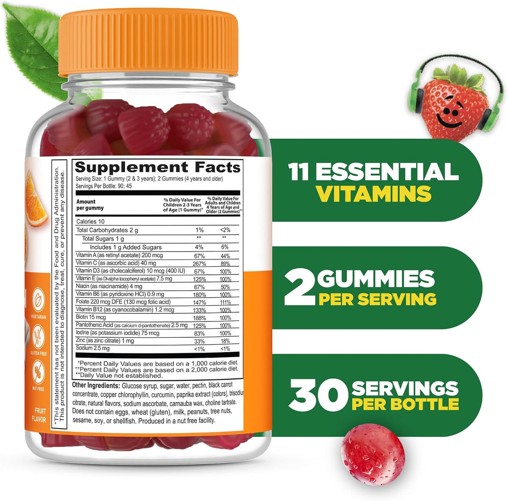 Lifeable Multivitamínico para Niños en Gominolas - 90 Gominolas con Vitaminas A, C, D, E, B6, B12, Zinc, Biotina, Ácido Fólico, Yodo, Niacina