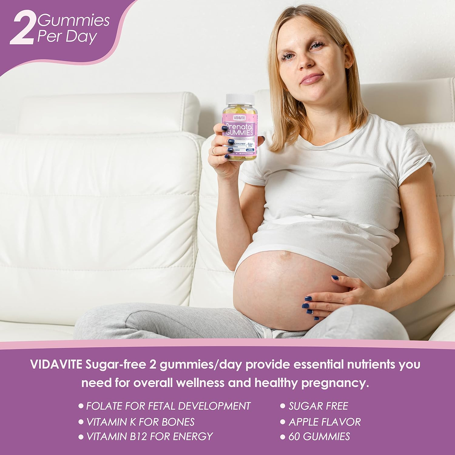 VIDAVITE Gominolas Prenatales Sin Azúcar - 30+ Nutrientes (Colina, Folato, Hierro) para el Apoyo Fetal y Neural, Huesos, Energía e Inmunidad - Vitaminas Prenatales Veganas para Mujeres (60 Gominolas)
