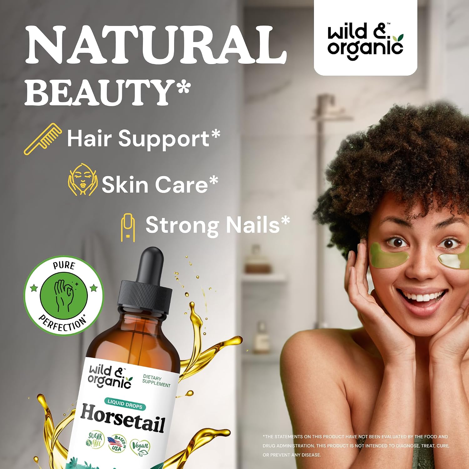 Wild & Organic Tintura de Cola de Caballo - Apoyo para Cabello, Piel y Uñas - Suplemento Líquido Vegano sin Alcohol - 118 ml