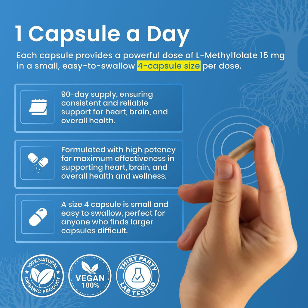 L-Methylfolate 15 mg | 90 Cápsulas | Metilfolato Activo 5-MTHF