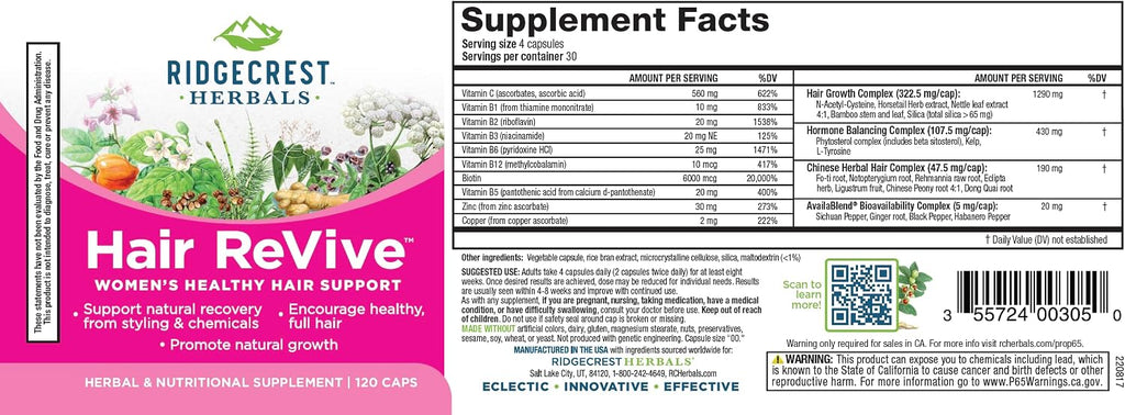 RidgeCrest Herbals Hair ReVive - Suplemento Capilar con Biotina, Vitamina C, Zinc y Cobre (120 Cápsulas, 30 Días)