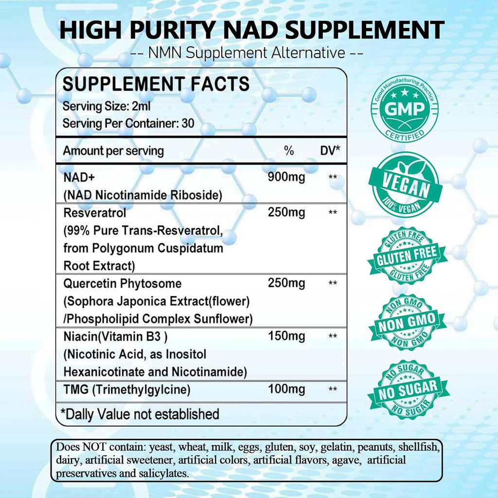 NAD Supplements for Women & Men, Liposomal NAD Nicotinamide Riboside Resveratrol 900mg, TMG, Quercetin, Vitamin B3, Organic Liquid NAD Resveratrol Supplement for Longevity, Energy, Anti-Aging, Focus