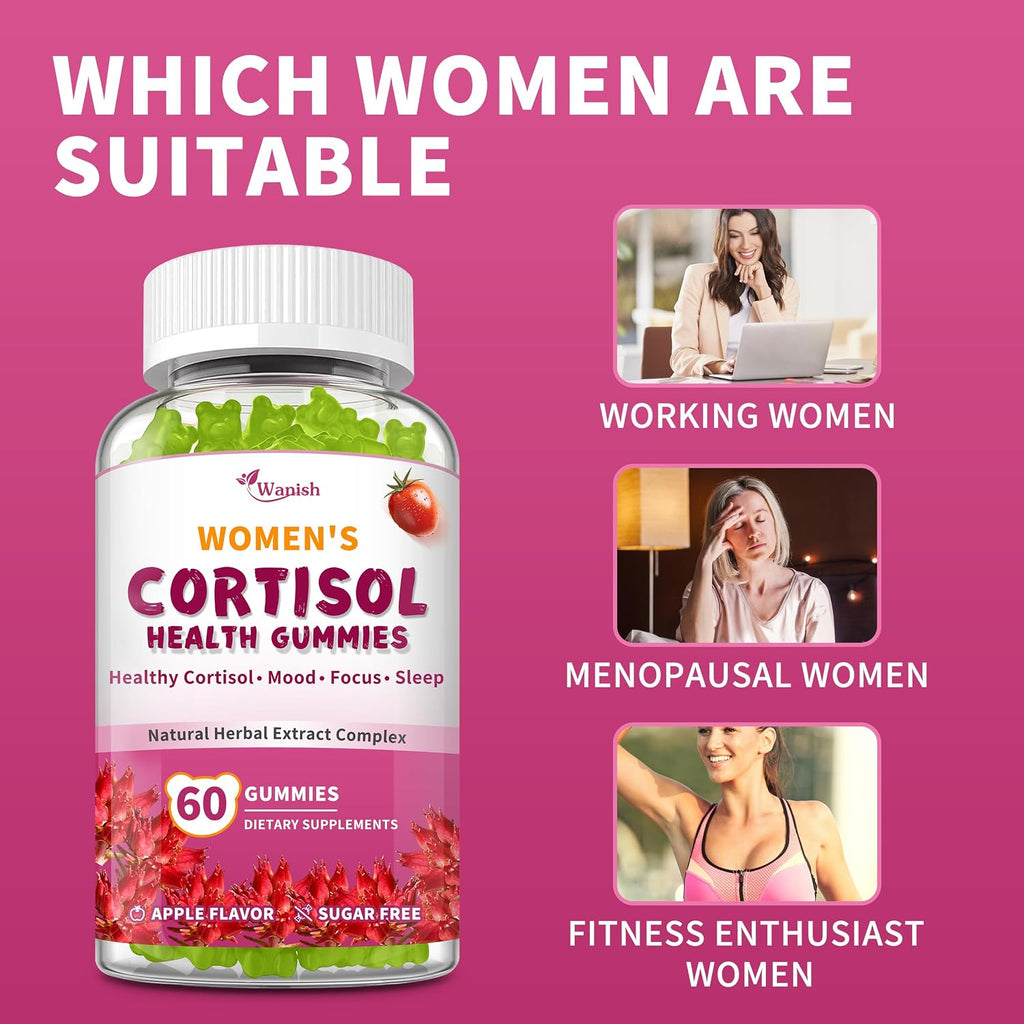 Gominolas de Cortisol para Mujeres - Wanish - Con Ashwagandha, Rhodiola Rosea, Magnesio Glicinato y L-Teanina - 180 Gominolas Veganas Sabor Manzana