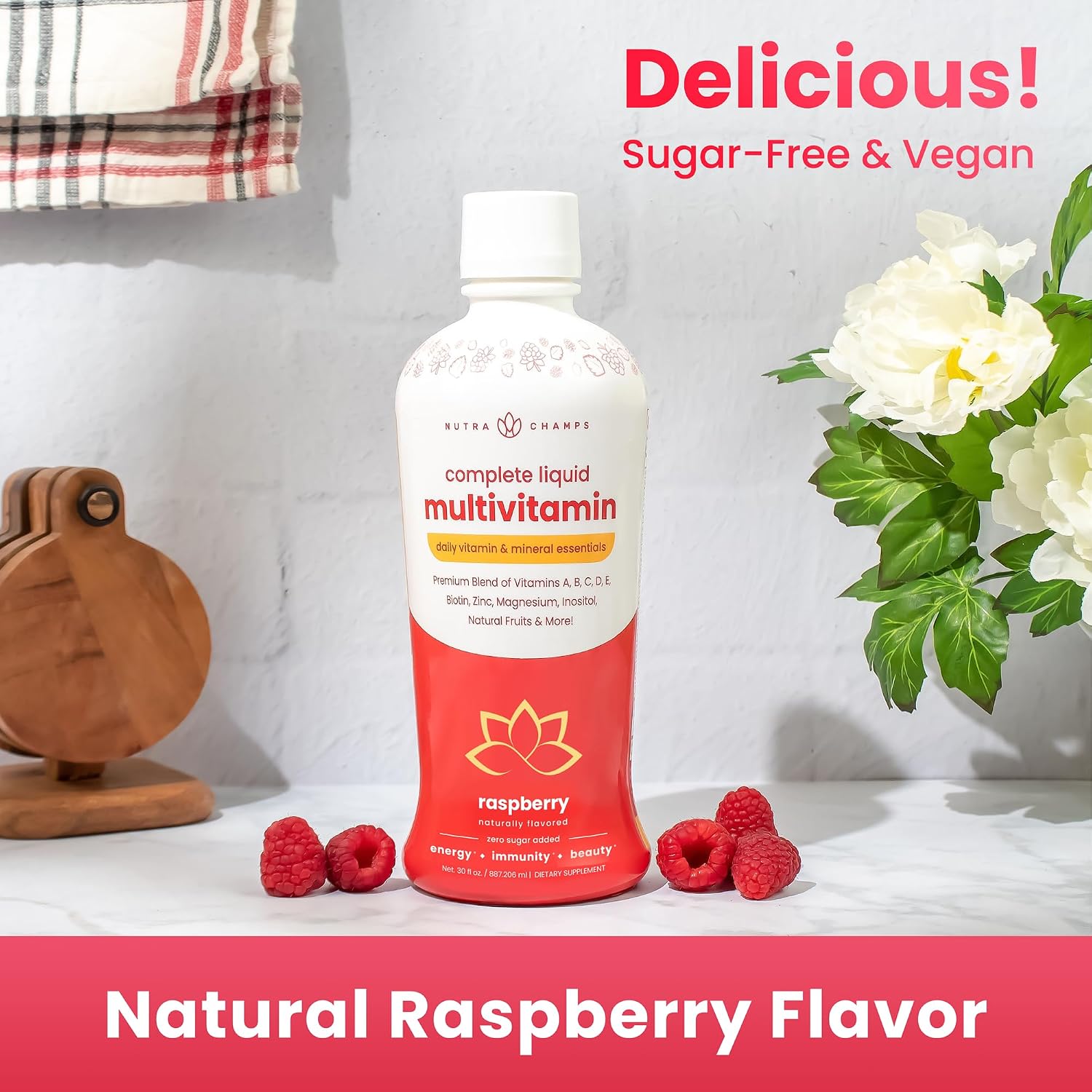 NutraChamps Complete Liquid Multivitamins | Sin Azúcar Añadido | Vitaminas para Mujeres, Hombres y Niños | Suplemento Multivitamínico Líquido Vegano | Energía, Inmunidad y Belleza