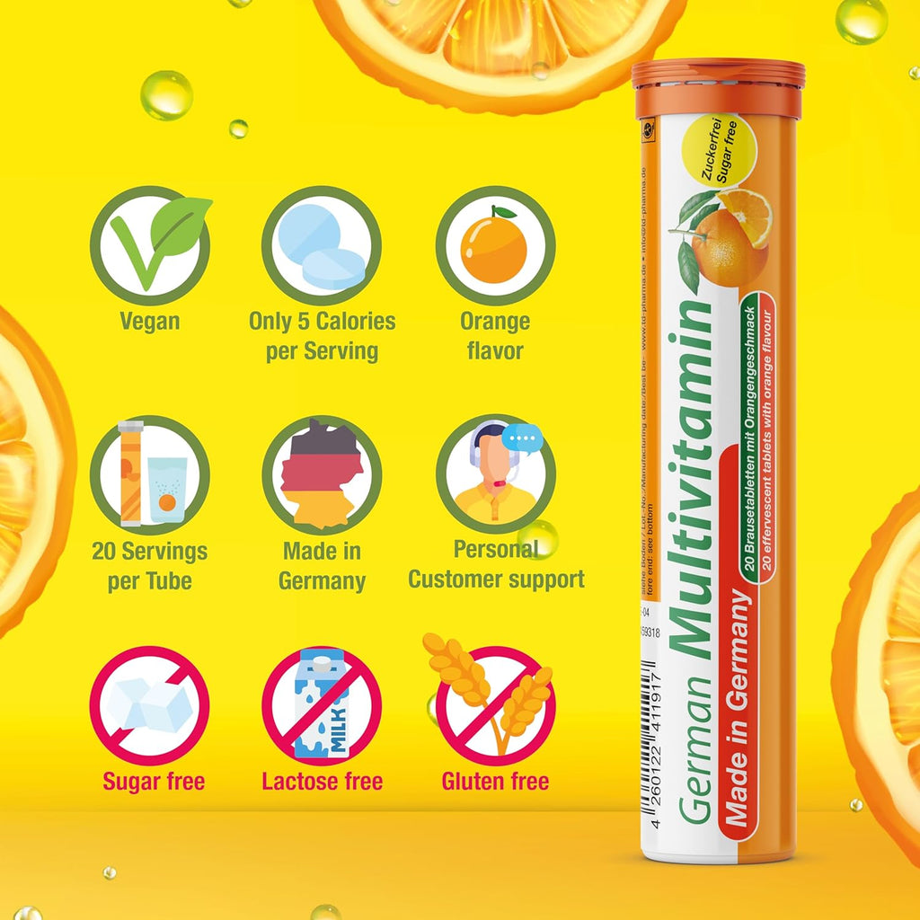 T&D Multivitamínico Alemán 10 Vitaminas - 40 Comprimidos Efervescentes Veganos - Sabor Naranja - Hecho en Alemania