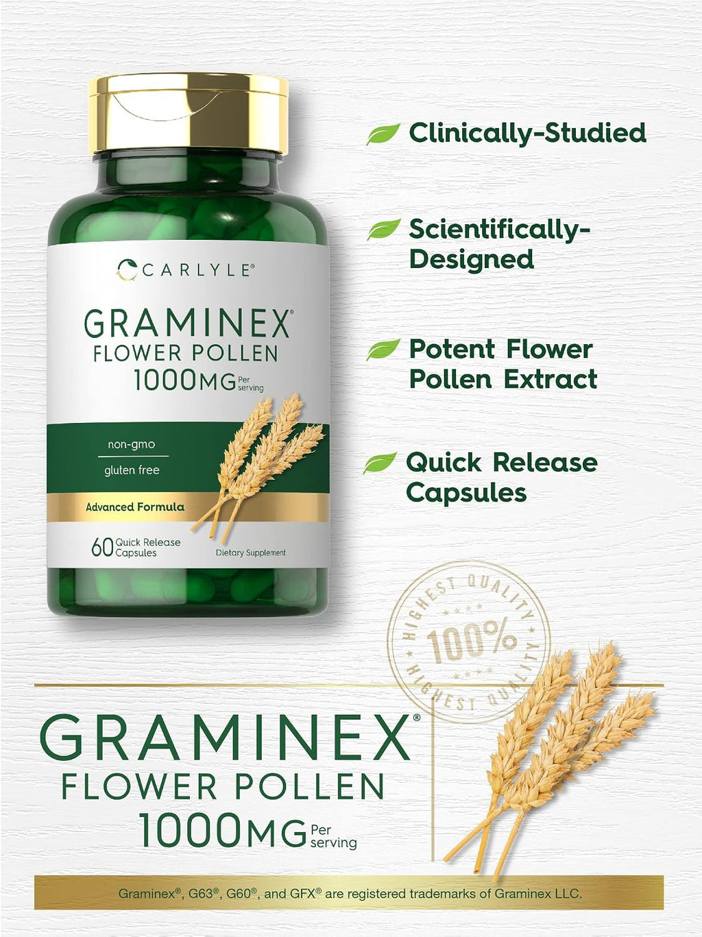 Carlyle Extracto de Polen de Flores Graminex | 1000 mg | 60 Cápsulas | Sin Gluten y No OGM