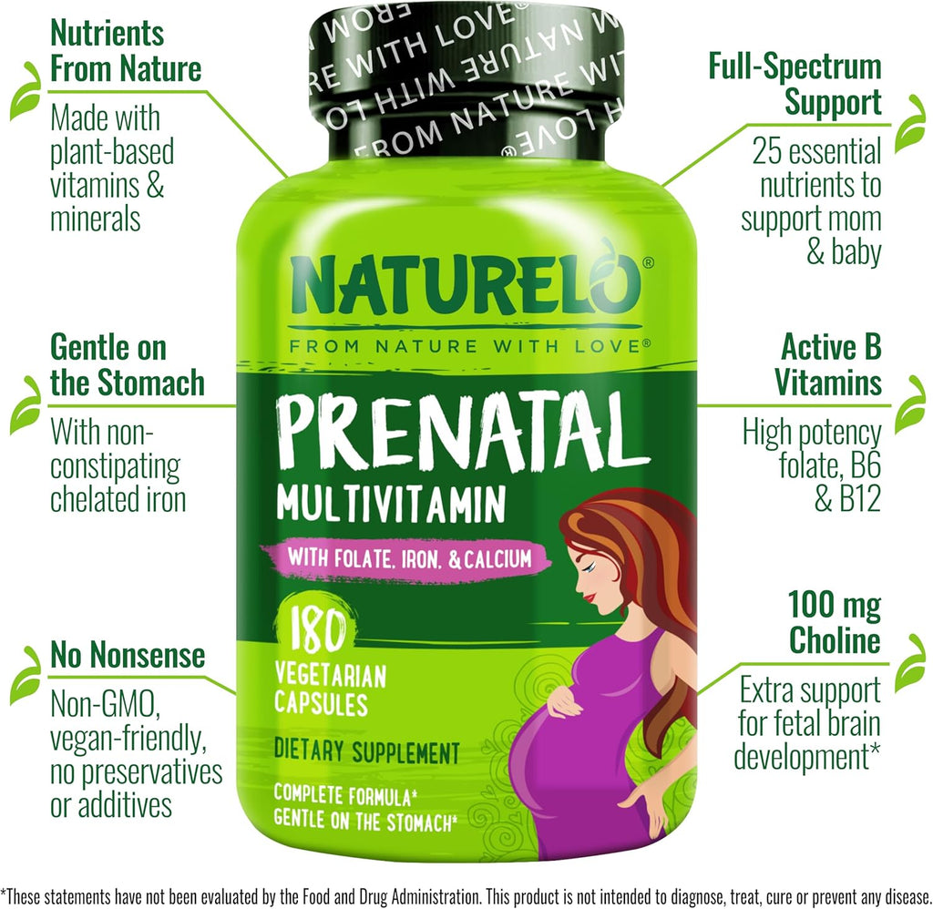 NATURELO Prenatal Multivitamin with Gentle Chelated Iron, Methyl Folate, Plant Calcium & Choline – 180 Cápsulas (Pack de 2)