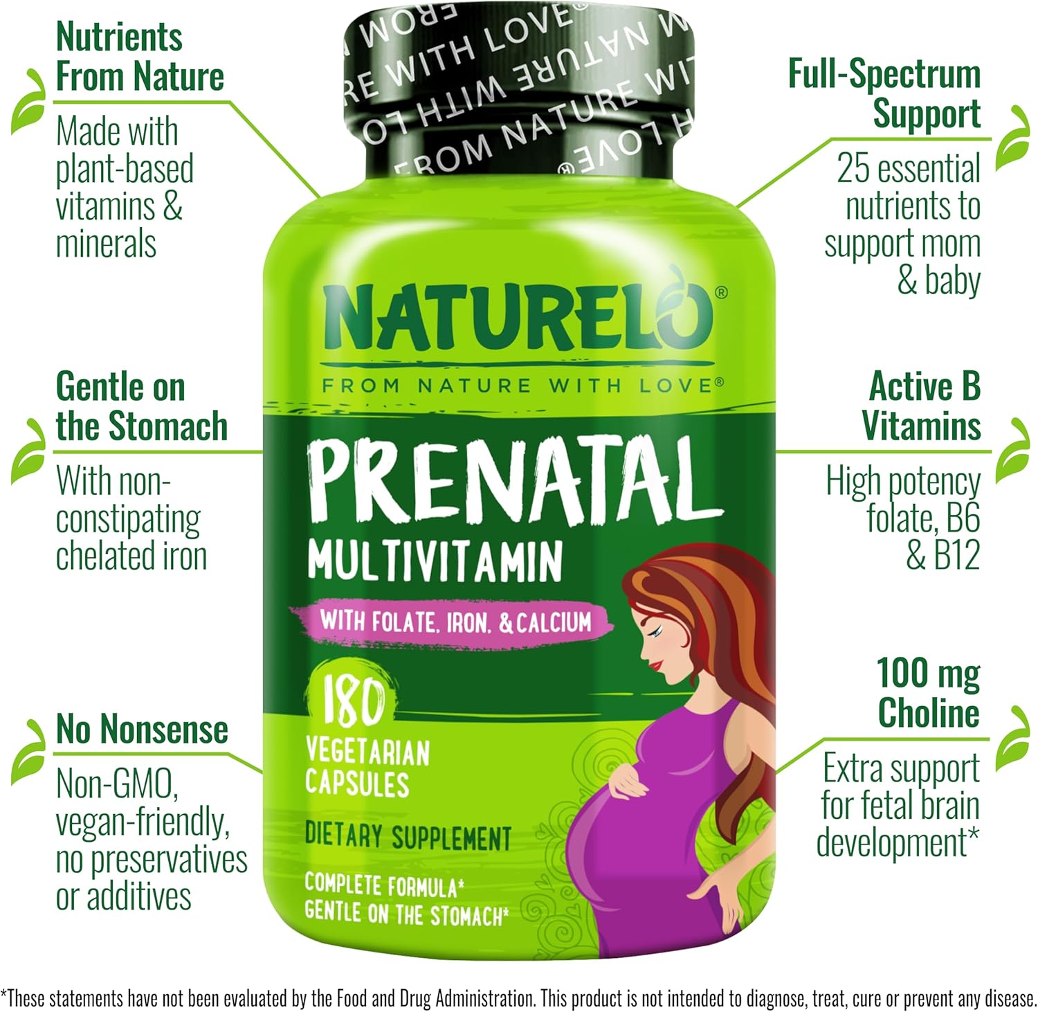 NATURELO Prenatal Multivitamin with Gentle Chelated Iron, Methyl Folate, Plant Calcium & Choline – 180 Cápsulas (Pack de 2)