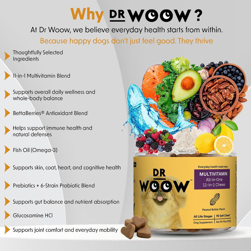 Multivitamínico para Perros 11-en-1 - 90 Chews Blandos - Glucosamina + Probióticos - Apoyo Inmunitario y Digestivo