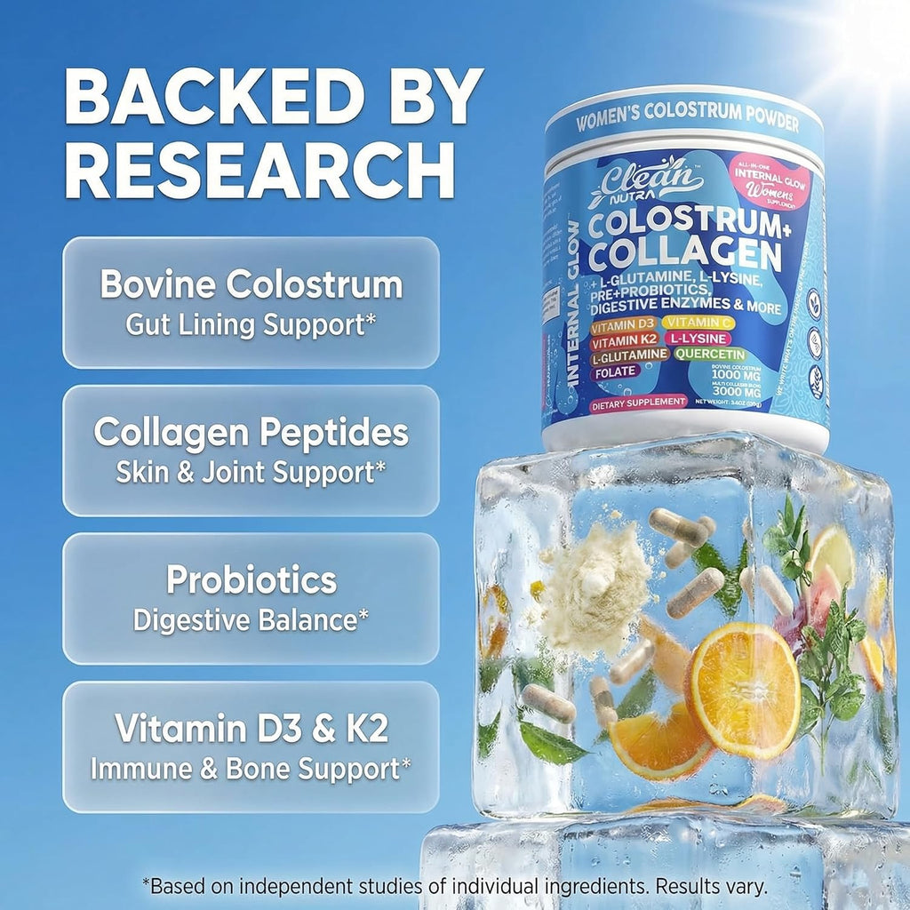 Calostro Bovino en Polvo + Colágeno con L-Glutamina, Vitaminas D, K2, C y Probióticos | Clean Nutra