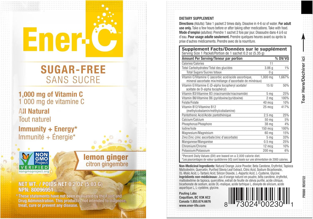 Ener-C Sin Azúcar Multivitamínico en Polvo - Sabor Jengibre Limón, 60 sobres