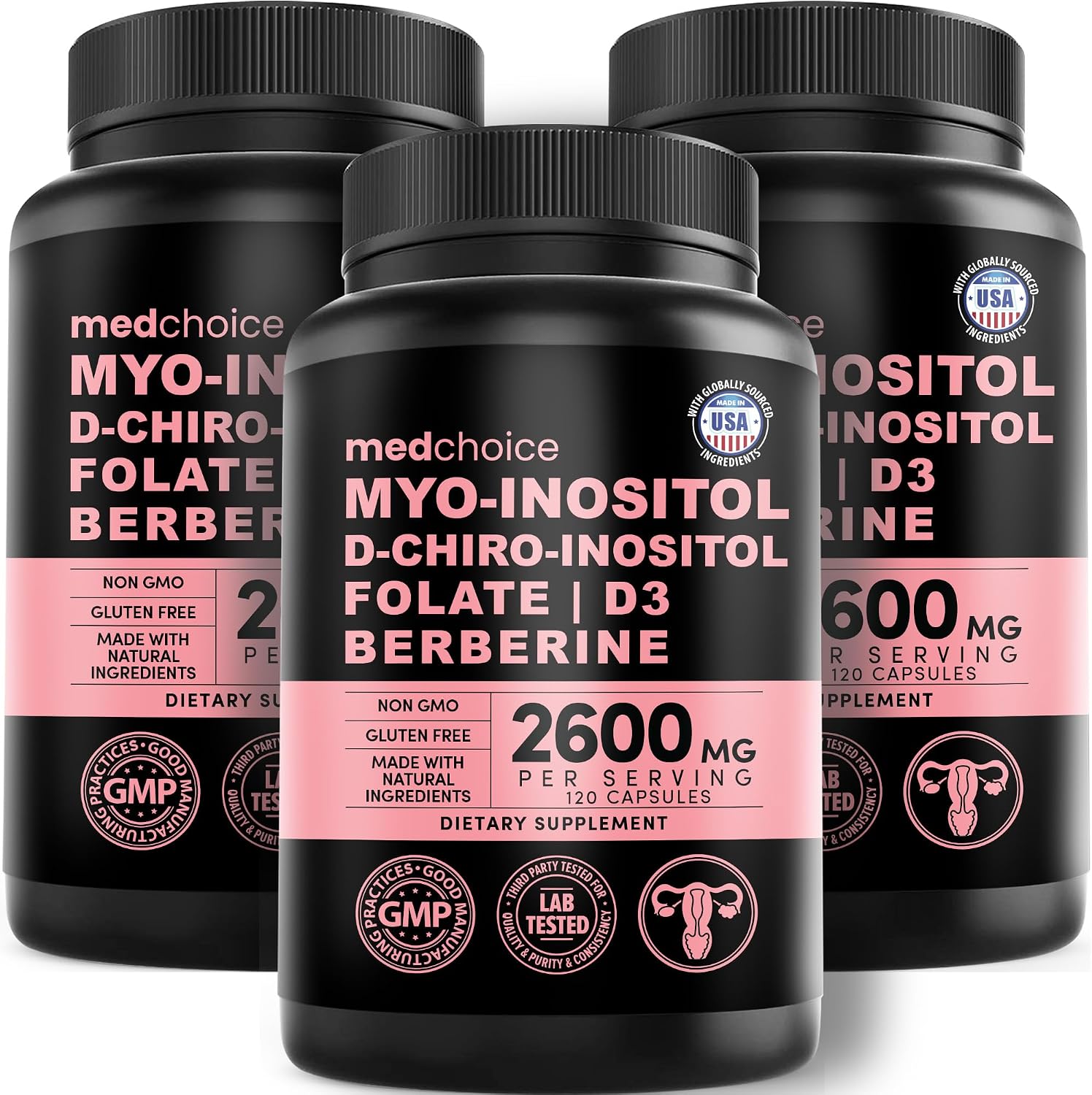 14-en-1 Complejo de Inositol para Mujer – 40:1 Myo & D-Chiro Inositol con Folato, Vitamina D3, Zinc, Magnesio y Botánicos – 120 Cápsulas (Pack de 3)