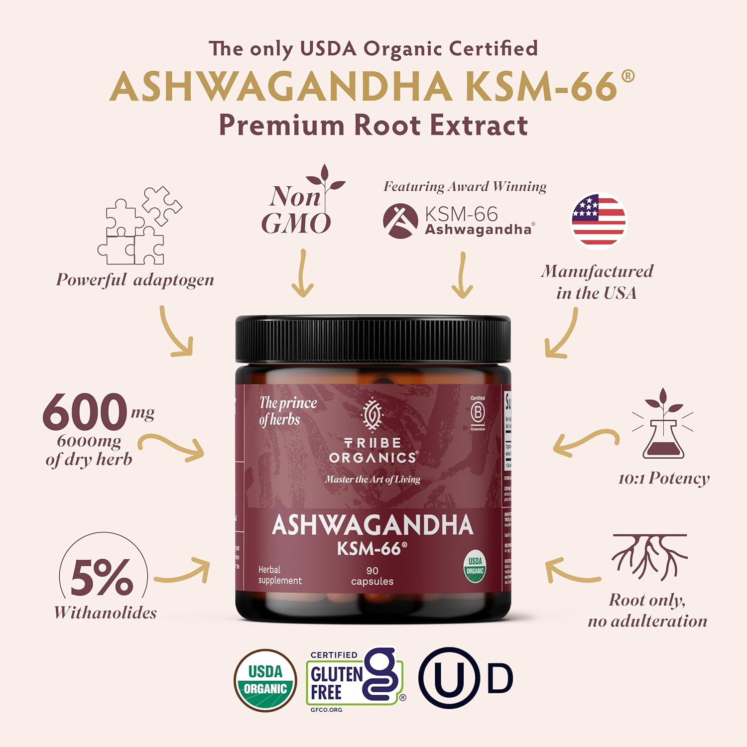 TRIBE ORGANICS Ashwagandha KSM 66 - 90 Cápsulas
