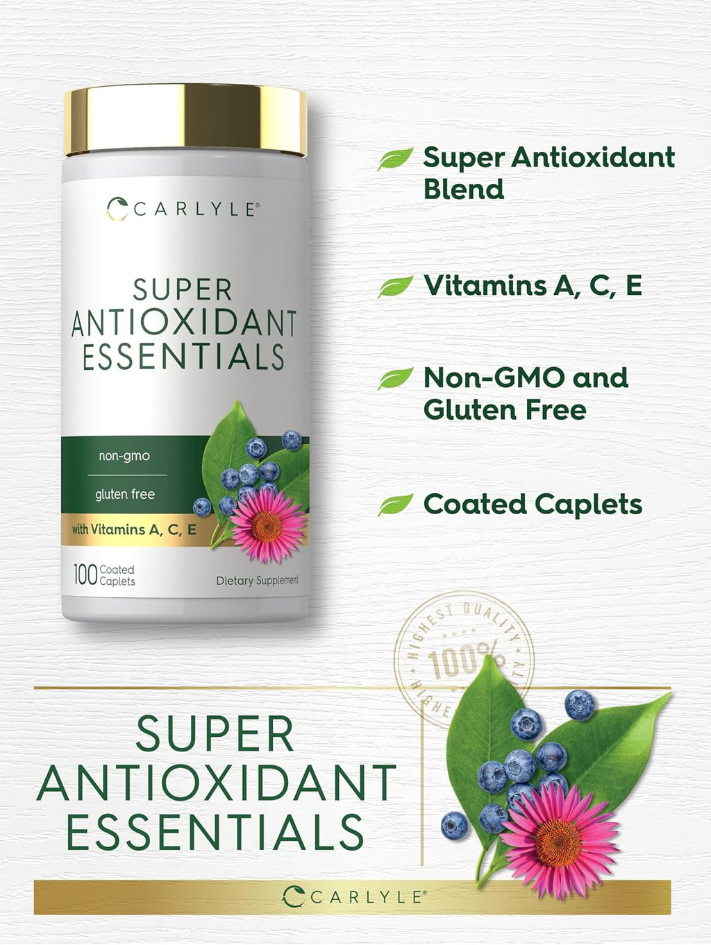 Carlyle Suplemento Antioxidante con Vitaminas A, C y E | 100 Comprimidos | Complejo Nutricional | Fórmula No GMO, Sin Gluten