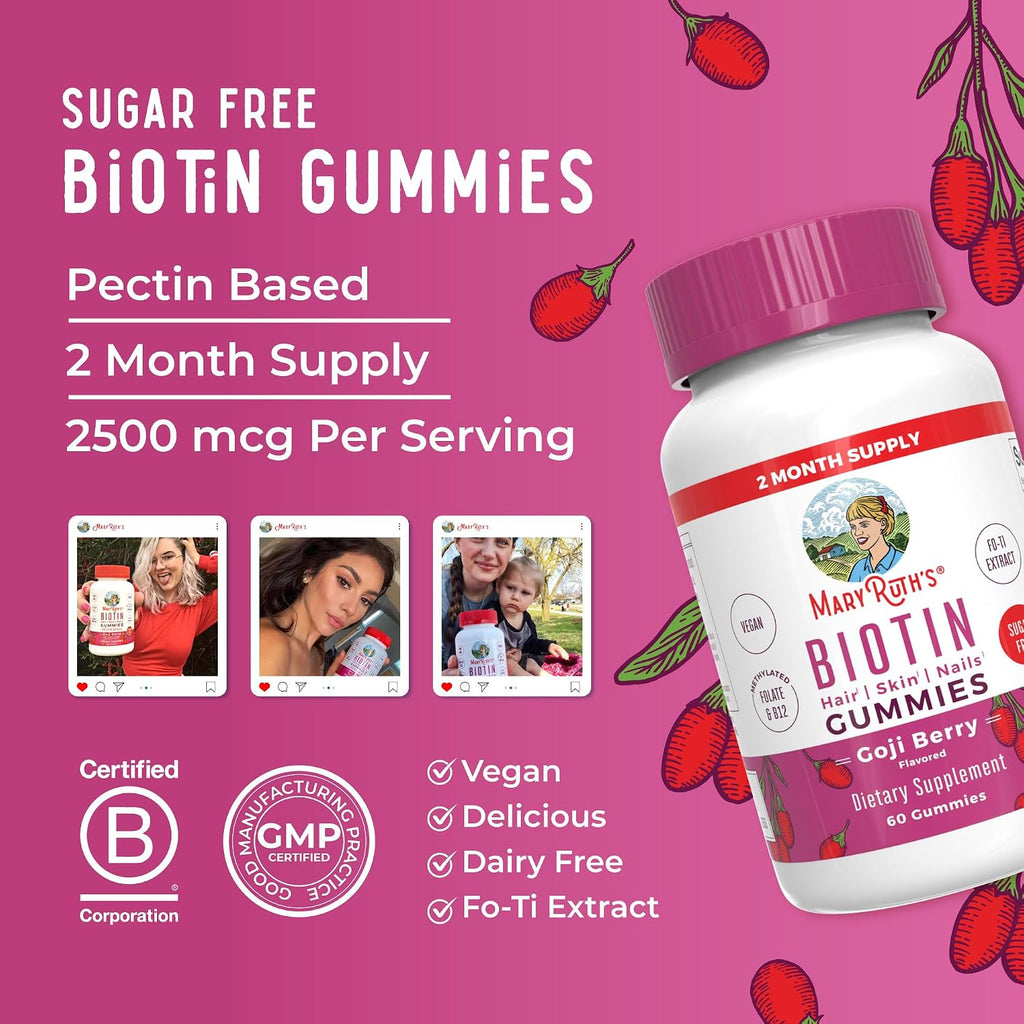 MARYRUTH'S Organics Biotin Gummies - Gominolas de Biotina 2500 μg | Sin Azúcar | Vegano | 60 Unidades