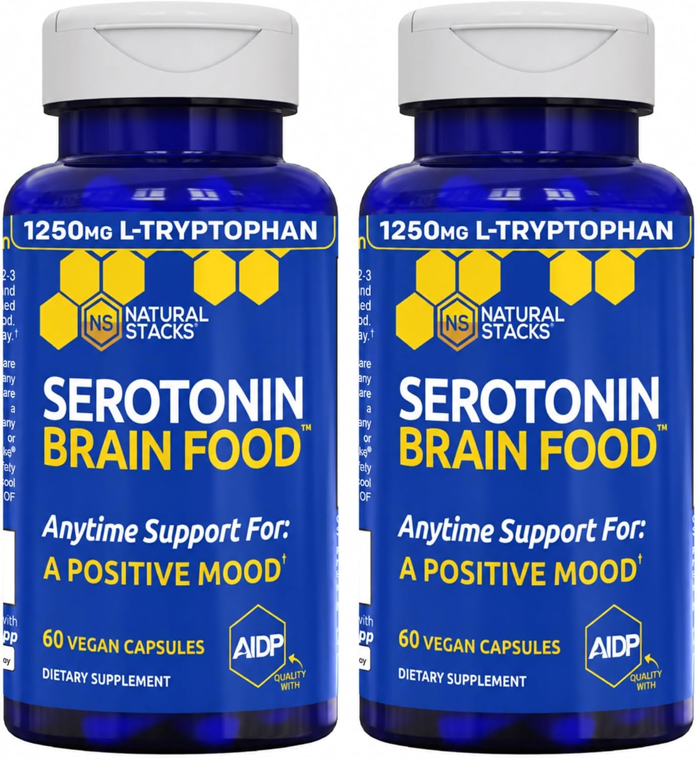 Natural Stacks Serotonin Brain Food - 1250mg L-Triptófano y 400mg Rhodiola Rosea - 120 Cápsulas