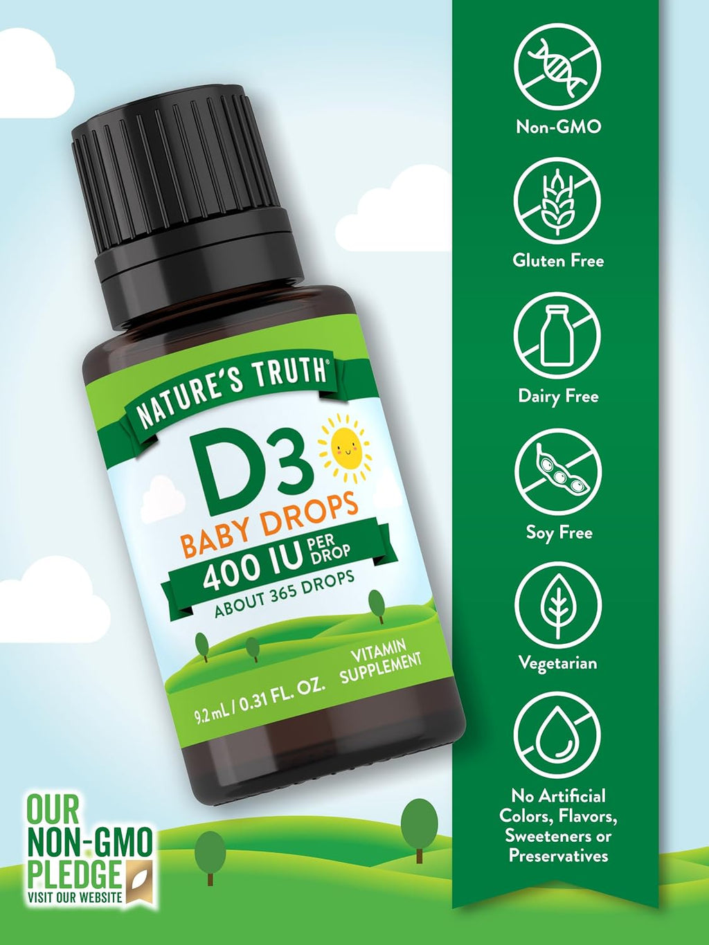 Nature's Truth Gotas de Vitamina D3 para Bebés | 400 UI | 9,2 mL | Vegetariano, Sin Gluten y No GMO