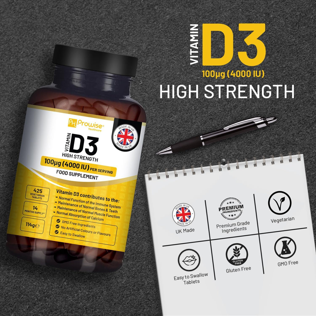 Vitamina D3 4000 UI Alta Potencia - 425 Comprimidos Vegetarianos (14 Meses de Suministro) - Prowise Healthcare