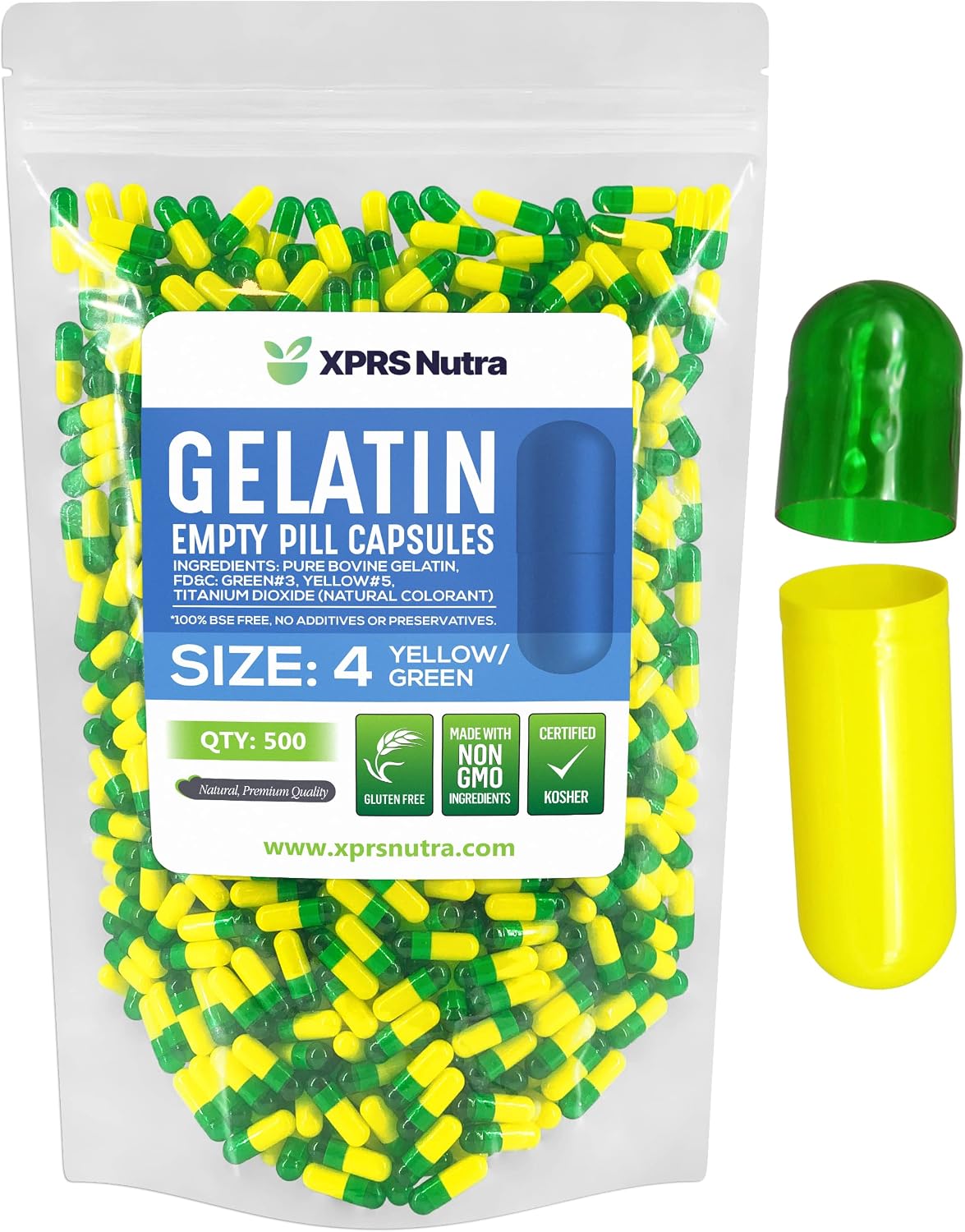 Cápsulas Vacías Tamaño 4 - 500 Unidades - Gelatina Bovina - XPRS Nutra (Verde/Amarillo)