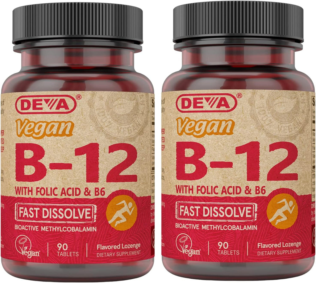 DEVA Vitamina B12 Vegano - 1000 mcg Metilcobalamina con Ácido Fólico y B6 - Sabor Limón - 90 Comprimidos Sublinguales (2 Envases)