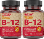 DEVA Vitamina B12 Vegano - 1000 mcg Metilcobalamina con Ácido Fólico y B6 - Sabor Limón - 90 Comprimidos Sublinguales (2 Envases)