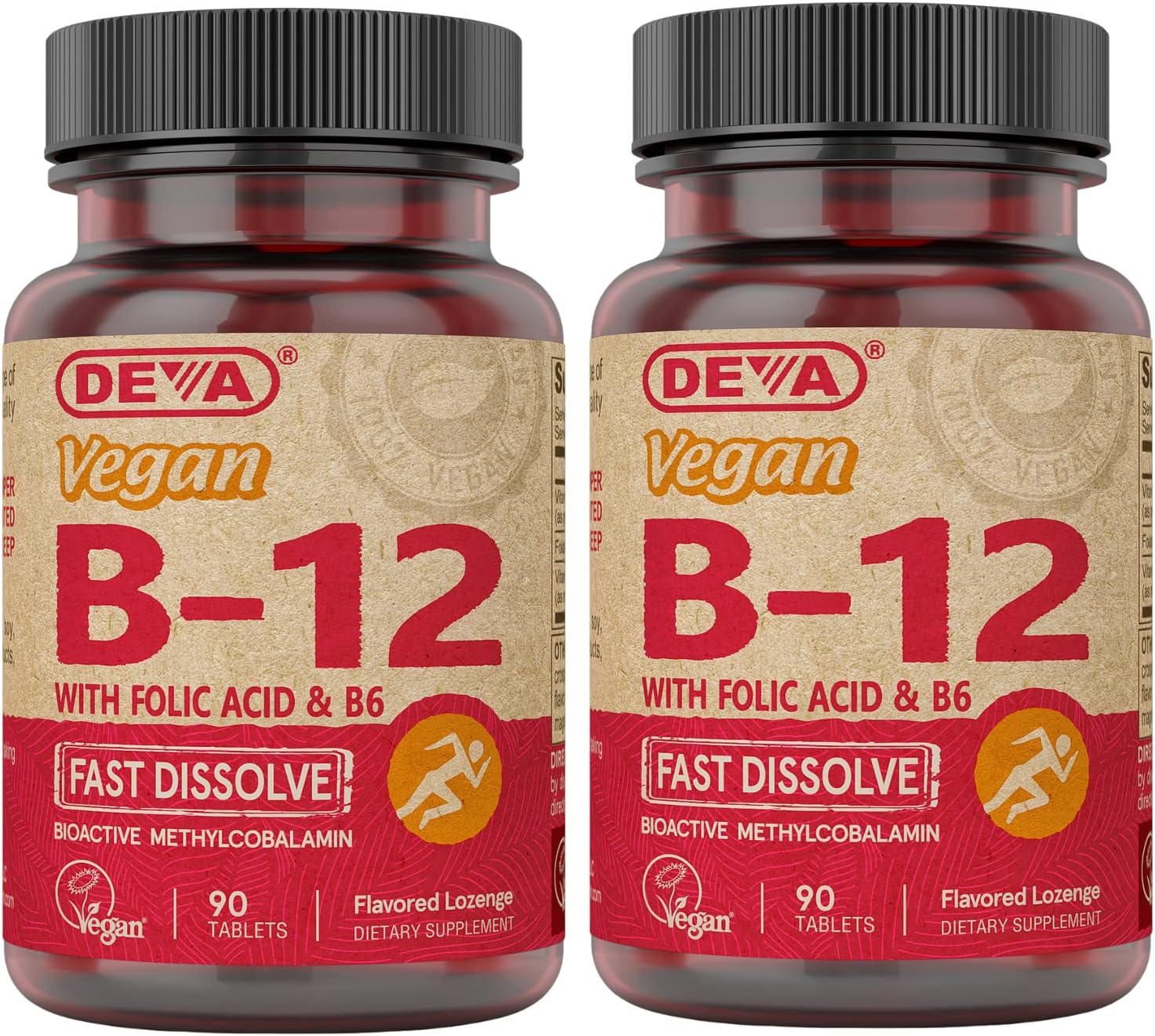 DEVA Vitamina B12 Vegano - 1000 mcg Metilcobalamina con Ácido Fólico y B6 - Sabor Limón - 90 Comprimidos Sublinguales (2 Envases)