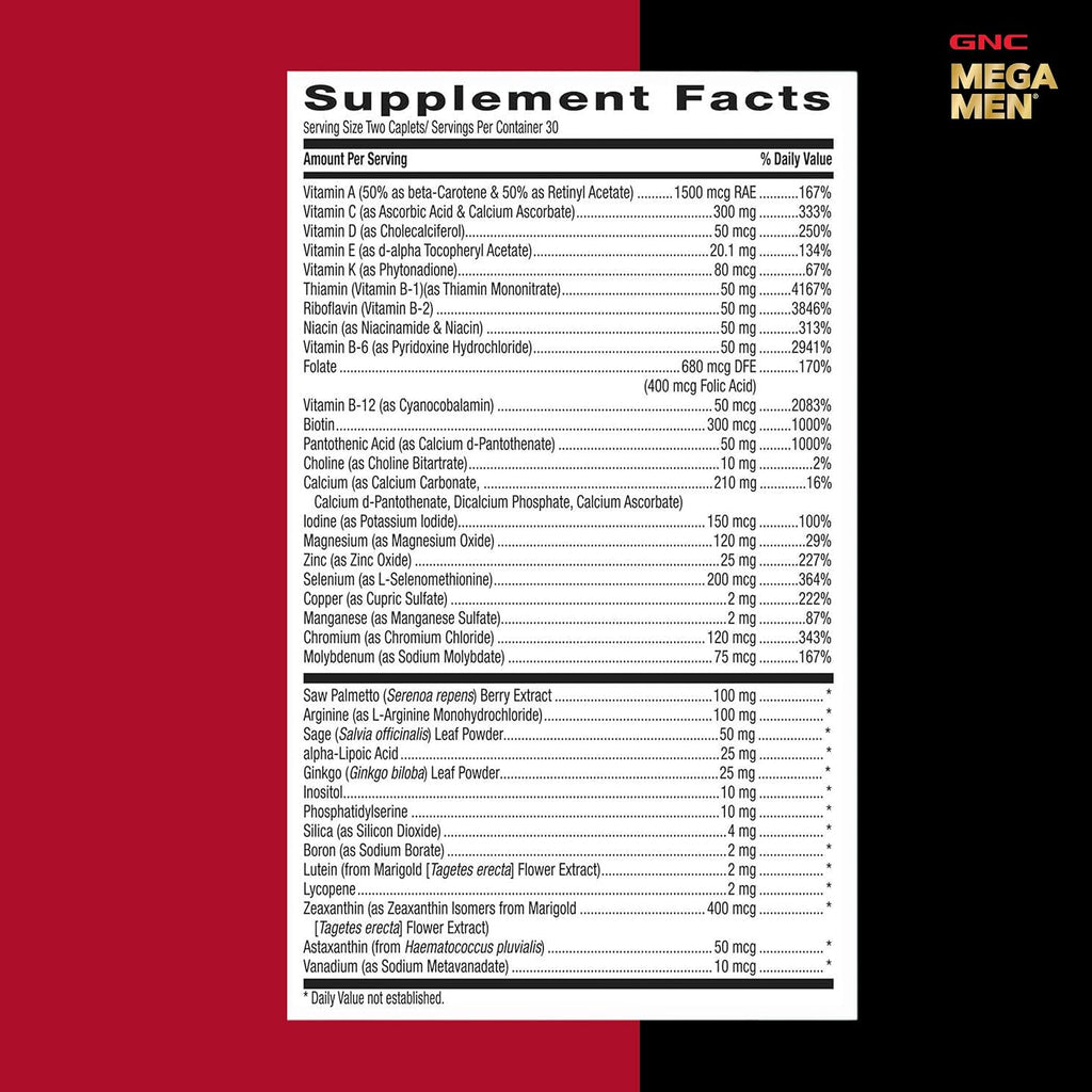 GNC Mega Men 50 Plus Multivitamínico para Hombres, Salud Cardíaca y Prostática, Vitaminas B, Saw Palmetto, Vitamina D-3, 60 Comprimidos
