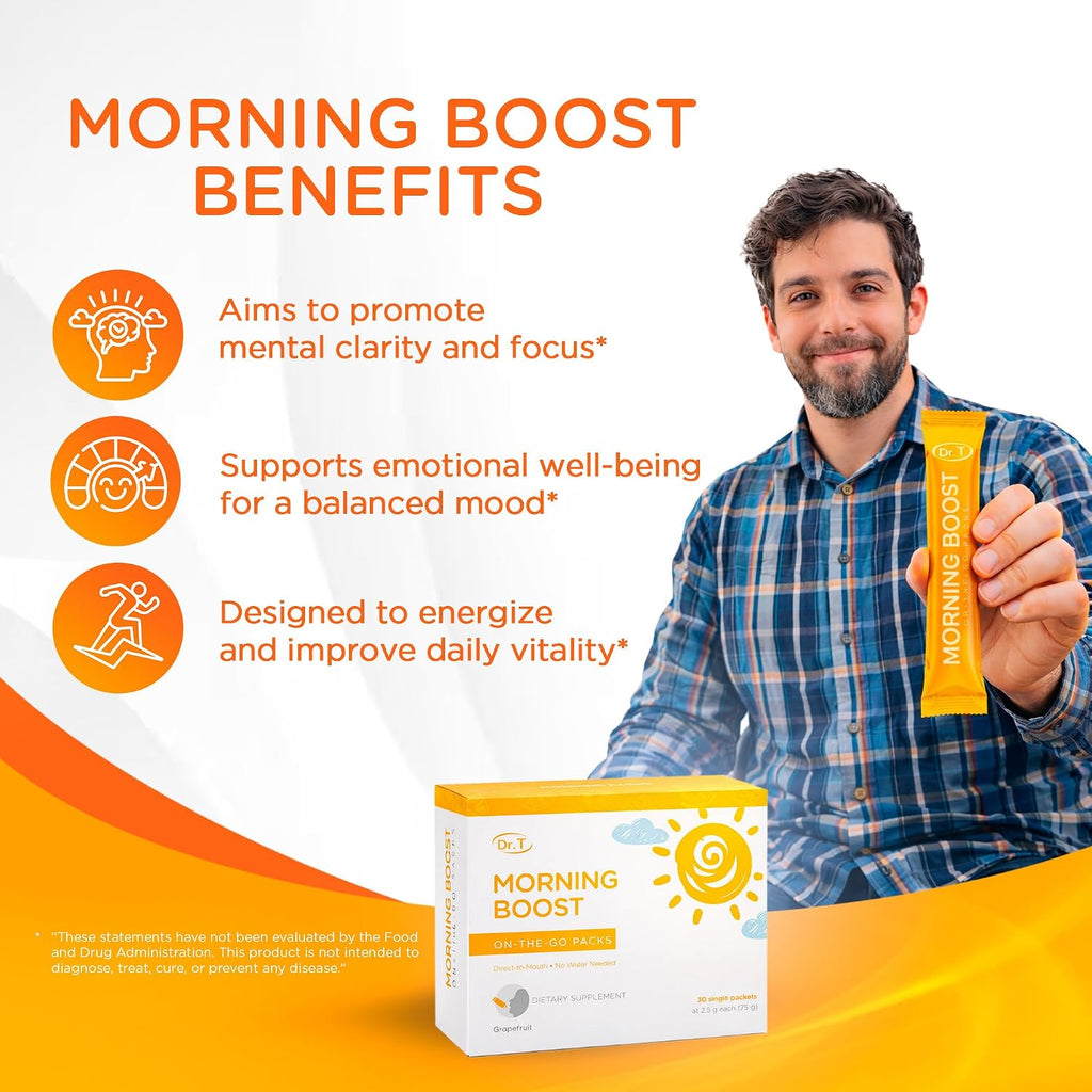 Dr. T Morning Boost – Fórmula Matutina – Sin Agua, Directo a la Boca – con Vitaminas C, B6, B12 y Extracto de Camu-Camu – Apoya Enfoque, Energía y Bienestar – Pomelo, 30 Packs