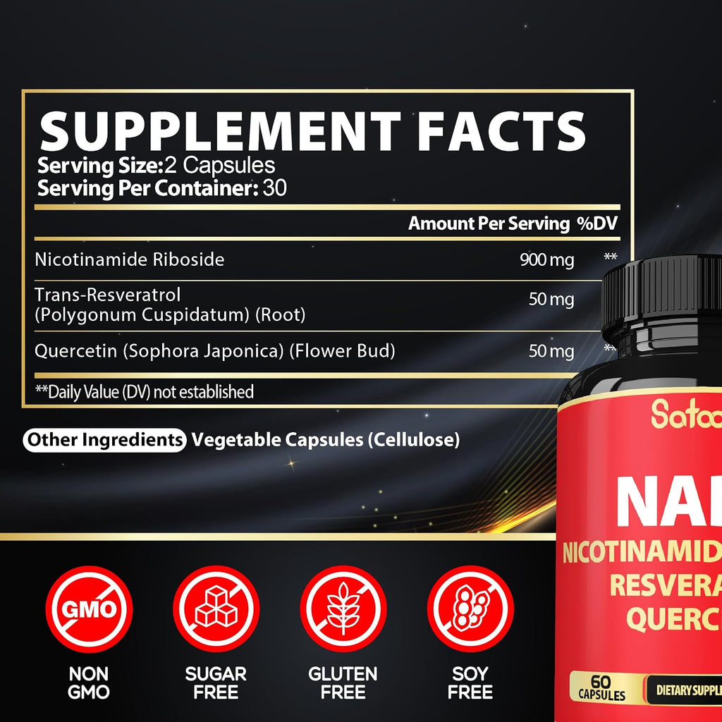 Satoomi Suplemento NAD con Nicotinamida Ribósido, Resveratrol y Quercetina - 60 Cápsulas - 30 Días