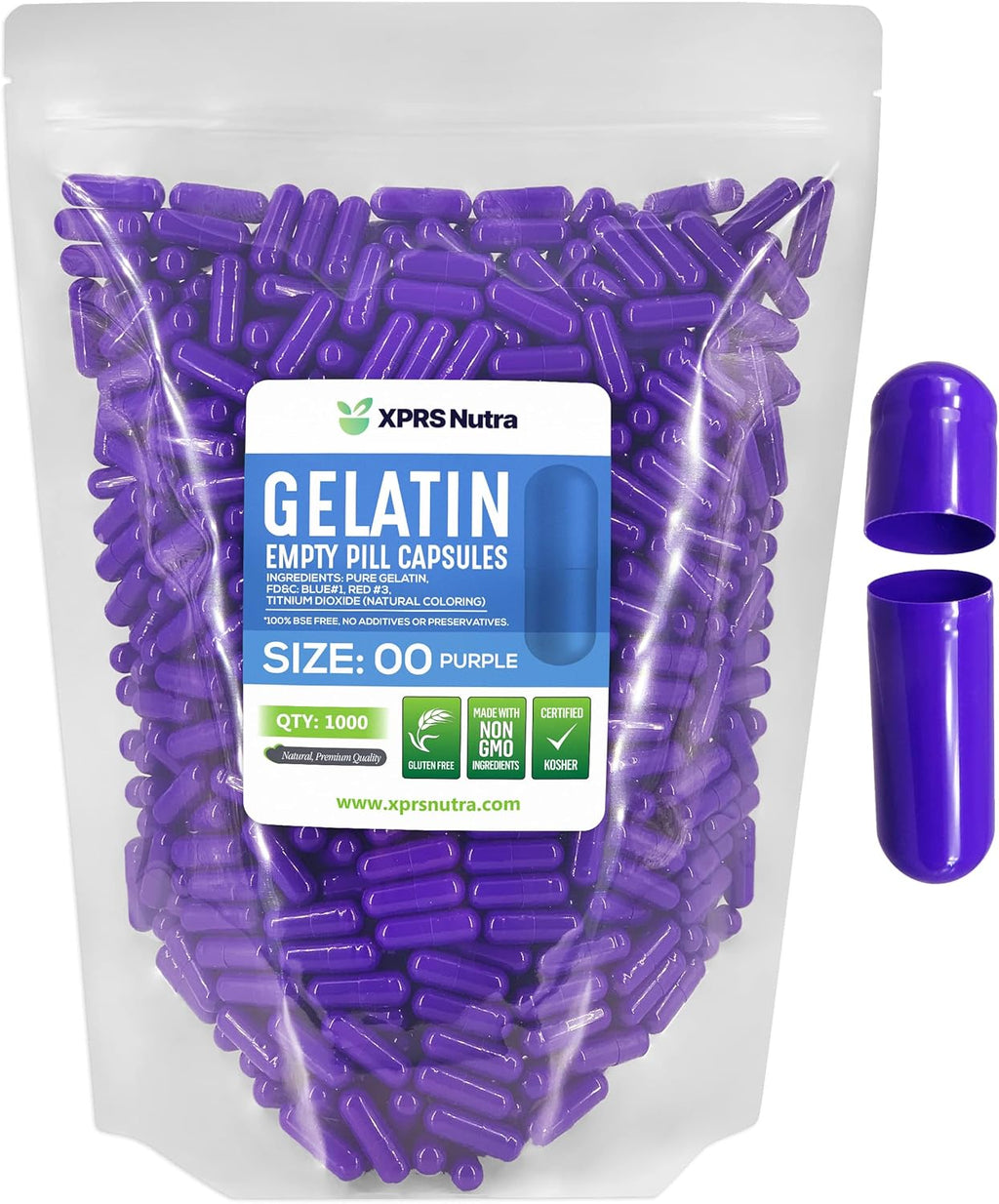 XPRS Nutra Cápsulas Vacías Tamaño 00 - 1000 Unidades - Cápsulas de Gelatina para Rellenar - Cápsulas DIY para Suplementos (Púrpura)