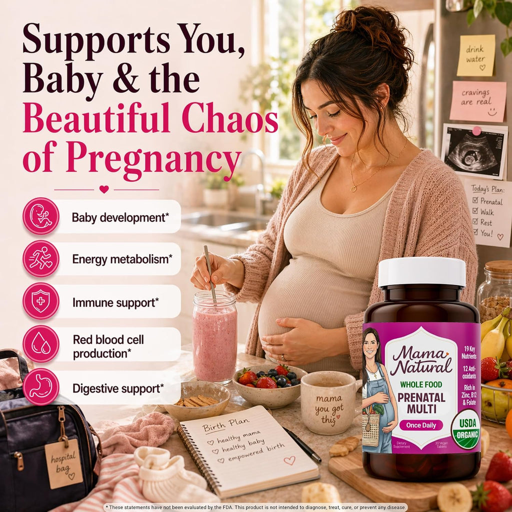 Vitaminas Prenatales Orgánicas Mama Natural - 30 Dosis, Vegano, Sin Gluten, Con Folato