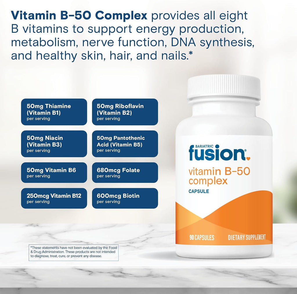 Bariatric Fusion B-50 Complex | Vegan B Vitamins for Women and Men | Easy-to-Swallow Capsules | 8 B Vitamins Including B12 | 90 Capsules | 3-Month Supply