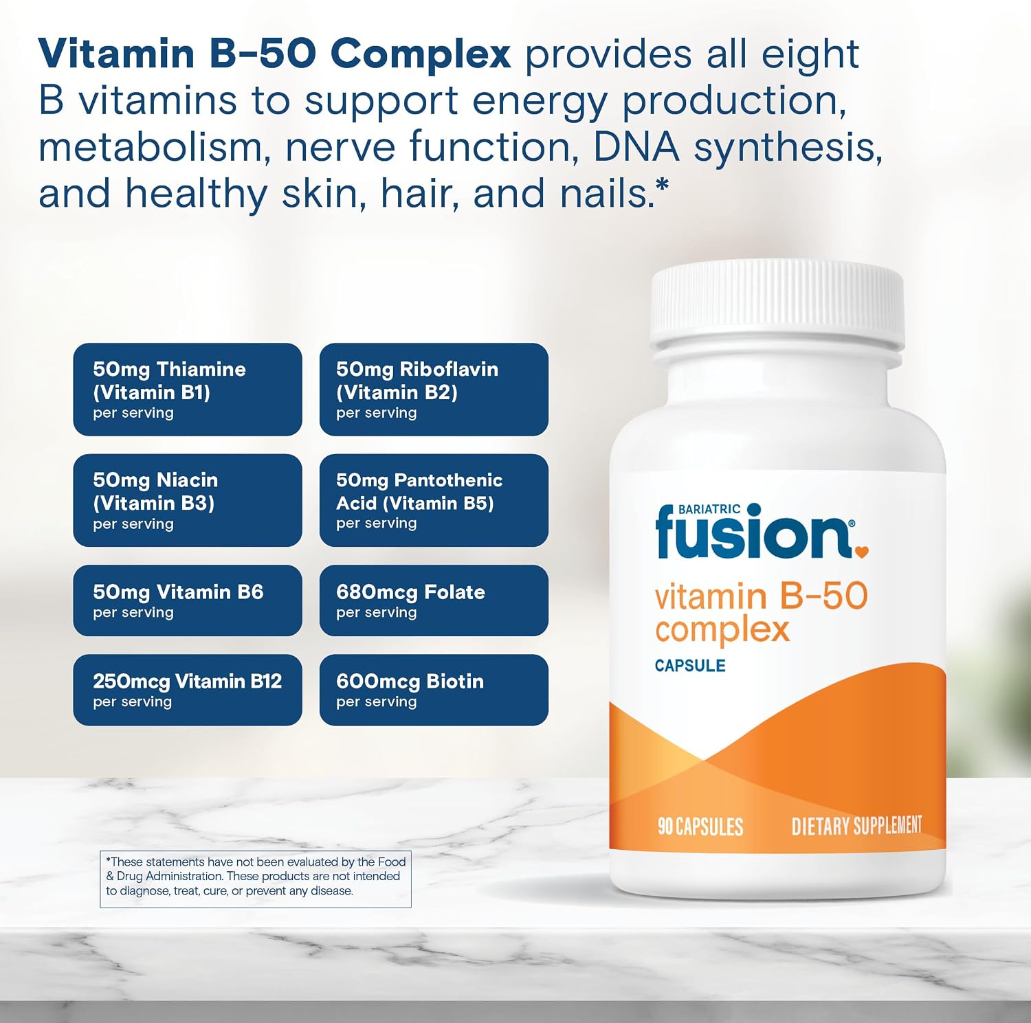 Bariatric Fusion B-50 Complex | Vegan B Vitamins for Women and Men | Easy-to-Swallow Capsules | 8 B Vitamins Including B12 | 90 Capsules | 3-Month Supply