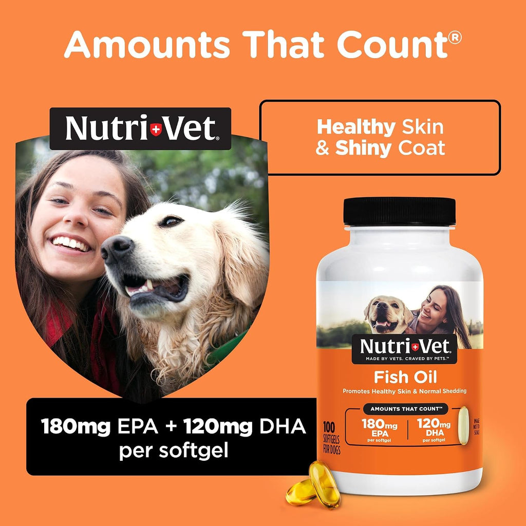 Nutri-Vet Aceite de Pescado para Perros - Suplemento Omega 3 con EPA y DHA, 100 Cápsulas Blandas