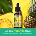 (Pack de 4) Gotas Orgánicas de Vitamina D3 K2 con Aceite MCT y Omega 3 - Líquido Vitamina D3 5000 UI - Suplemento D3 K2 - Sin Rellenos, No GMO, GMP, Piña (4 Fl Oz)