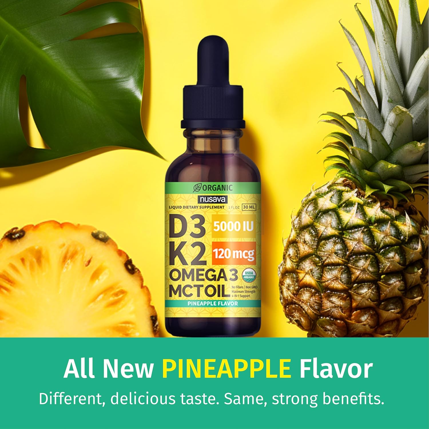 (Pack de 4) Gotas Orgánicas de Vitamina D3 K2 con Aceite MCT y Omega 3 - Líquido Vitamina D3 5000 UI - Suplemento D3 K2 - Sin Rellenos, No GMO, GMP, Piña (4 Fl Oz)