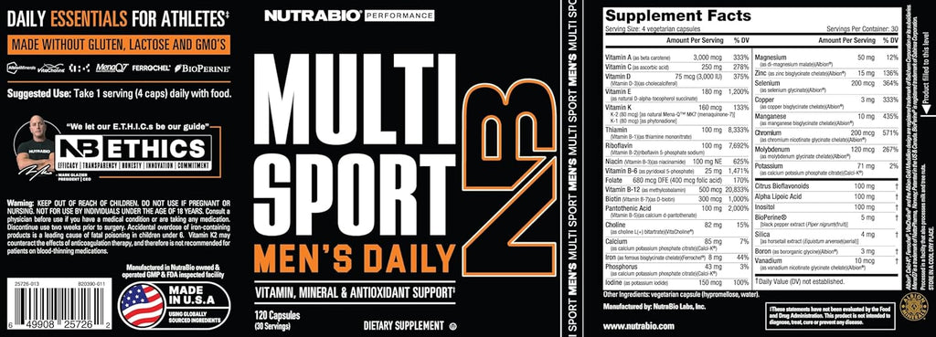 NutraBio MultiSport Men's Multivitamin - 33 Vitamins and Minerals - 120 Capsules