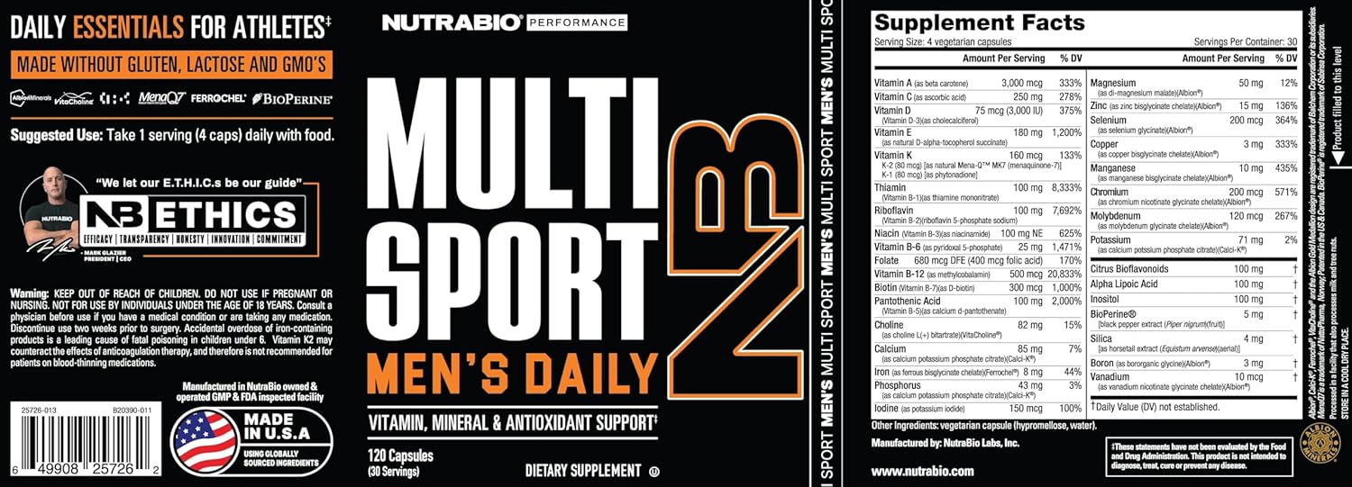 NutraBio MultiSport Men's Multivitamin - 33 Vitamins and Minerals - 120 Capsules