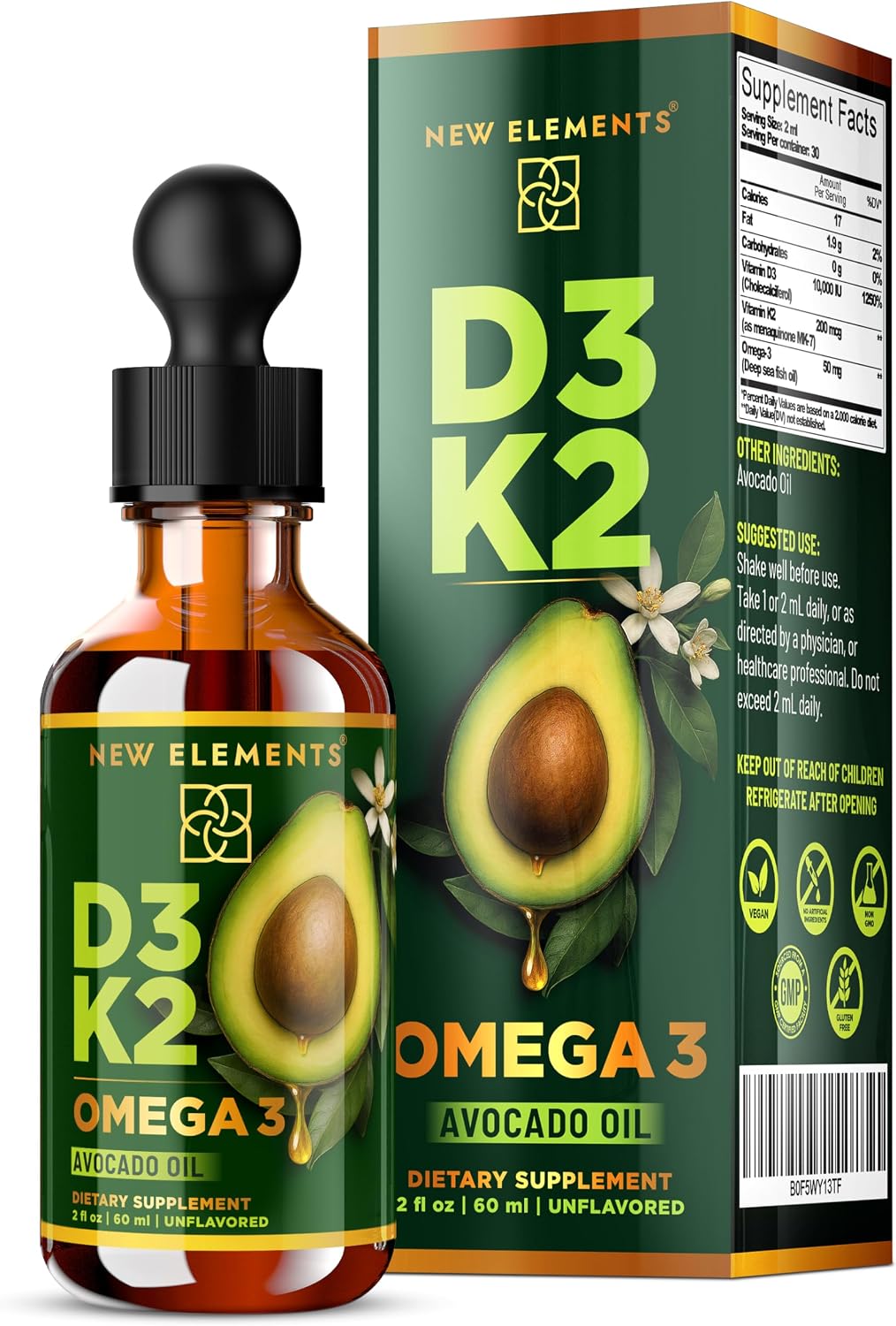 New Elements Liquid Vitamin D3 + K2 Drops 10,000 IU with Omega-3 – Alta Absorción | Base de Aceite de Aguacate Puro | No Transgénico – 60 ml