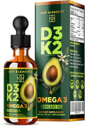 New Elements Liquid Vitamin D3 + K2 Drops 10,000 IU with Omega-3 – Alta Absorción | Base de Aceite de Aguacate Puro | No Transgénico – 60 ml