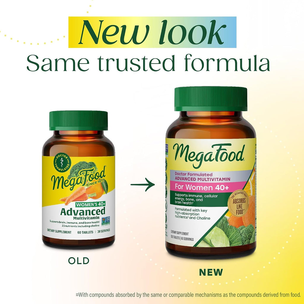 MegaFood Multivitamínico para mujeres mayores de 40 años - Multivitamínico para mujeres con hierro, vitaminas C, B12, K2, A, B6, colina y más - Sin OGM, sin gluten - Vegetariano - 60 comprimidos (30 dosis)