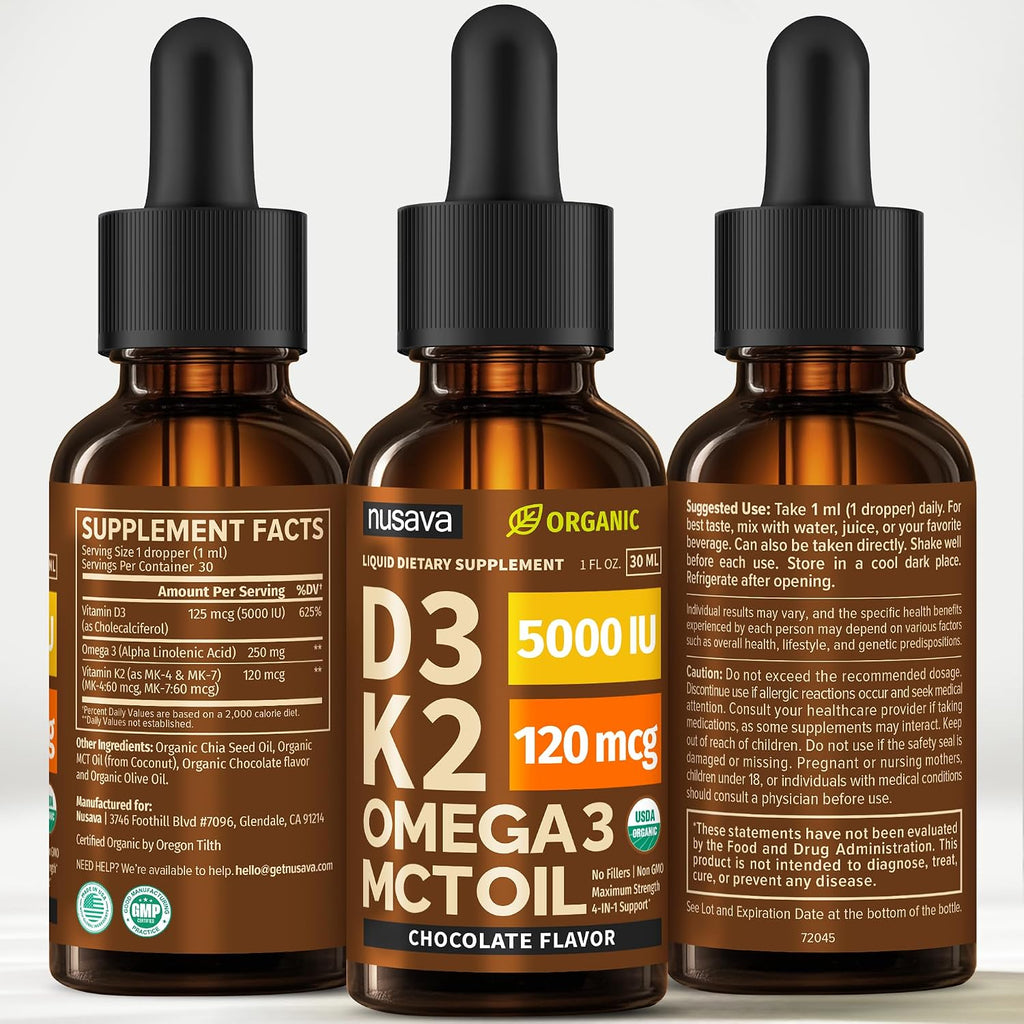 NUSAVA Organic Vitamin D3 K2 Drops with MCT Oil & Omega 3 - 5000 IU, Chocolate, 2 Pack, 2 Fl Oz