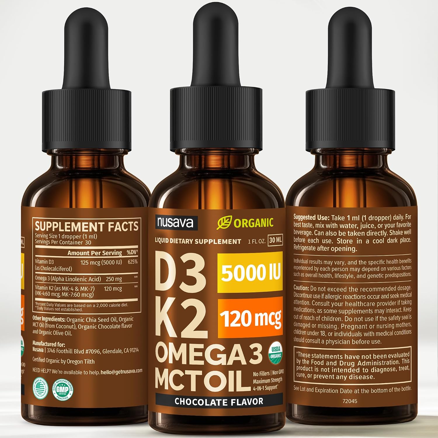 NUSAVA Organic Vitamin D3 K2 Drops with MCT Oil & Omega 3 - 5000 IU, Chocolate, 2 Pack, 2 Fl Oz