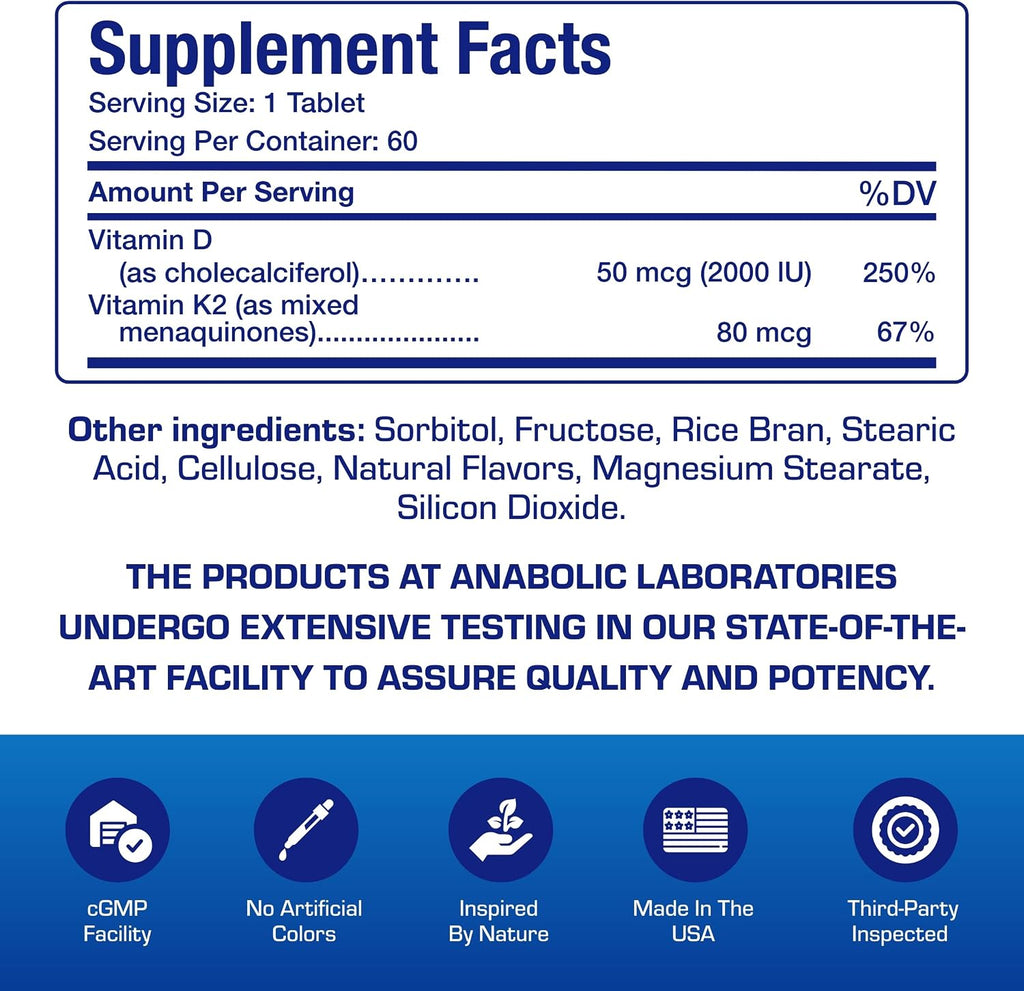 Anabolic Laboratories Vitamina D3 K2 Masticable - 2000UI D3, 80mcg K2, Sabor Canela (60 Comprimidos)