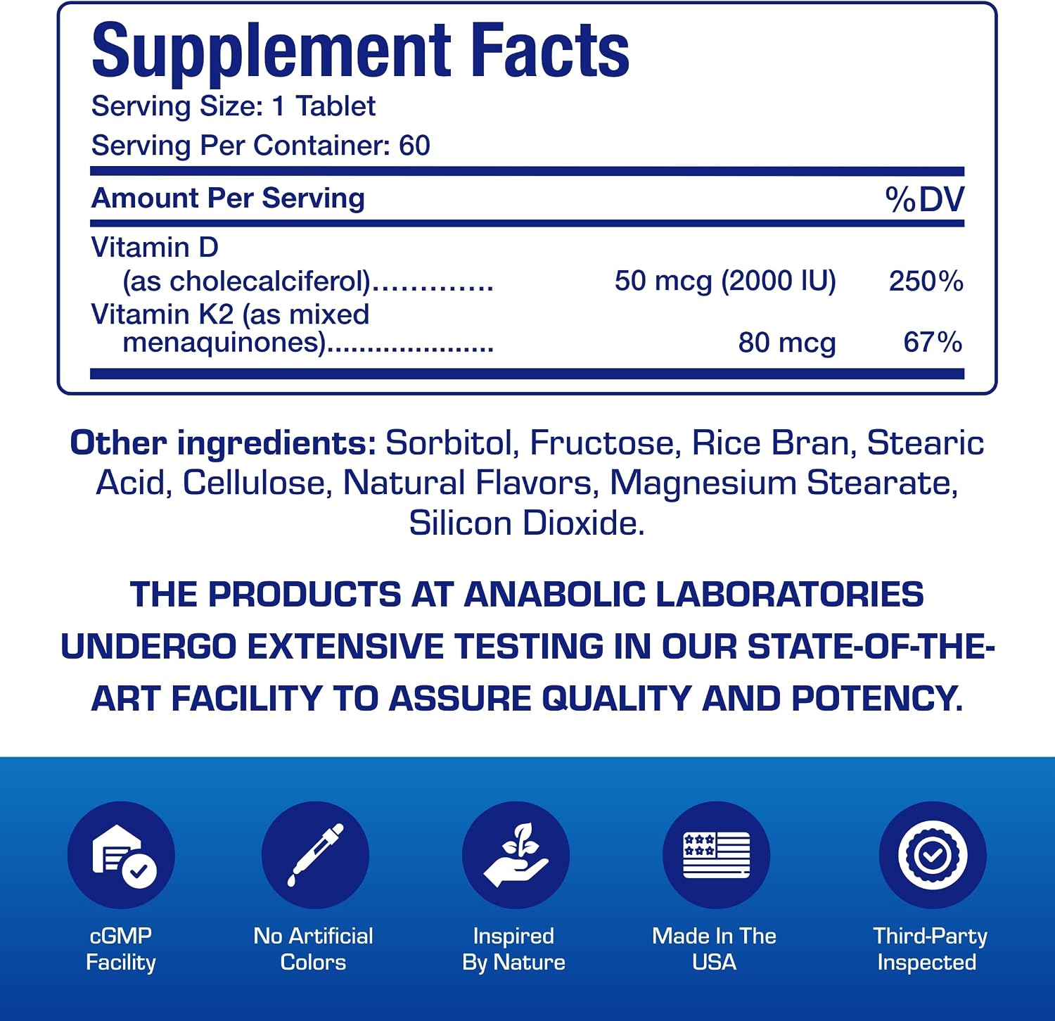 Anabolic Laboratories Vitamina D3 K2 Masticable - 2000UI D3, 80mcg K2, Sabor Canela (60 Comprimidos)