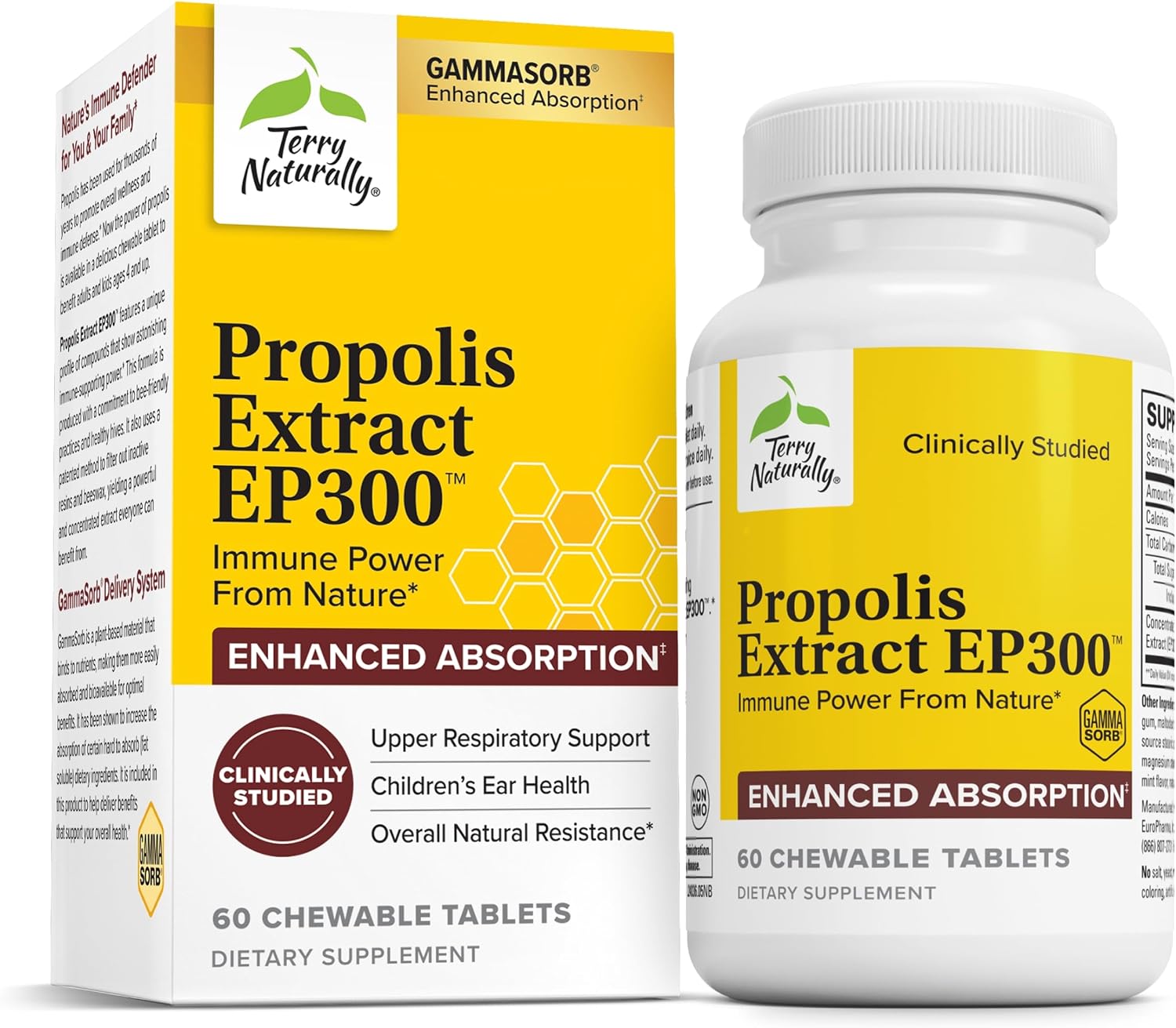 Terry Naturally Propolis Extract EP300 - 60 Comprimidos Masticables para Apoyo Inmunitario y Respiratorio
