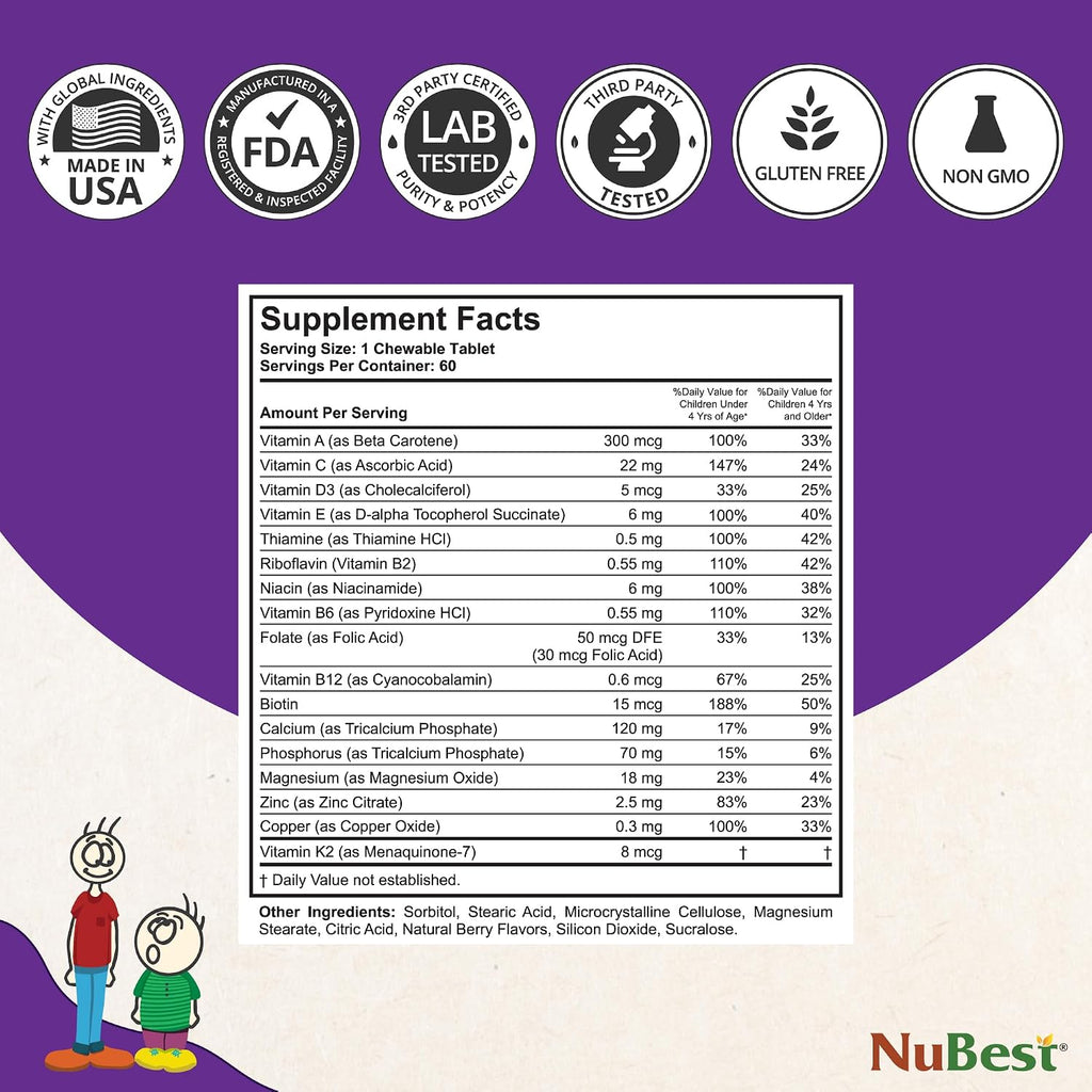 NuBest Tall Kids - Multivitamínico y Minerales para Niños de 2 a 9 Años - 120 Comprimidos Masticables Sabor Berry