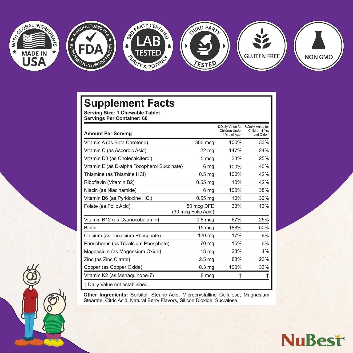 NuBest Tall Kids - Multivitamínico y Minerales para Niños de 2 a 9 Años - 120 Comprimidos Masticables Sabor Berry