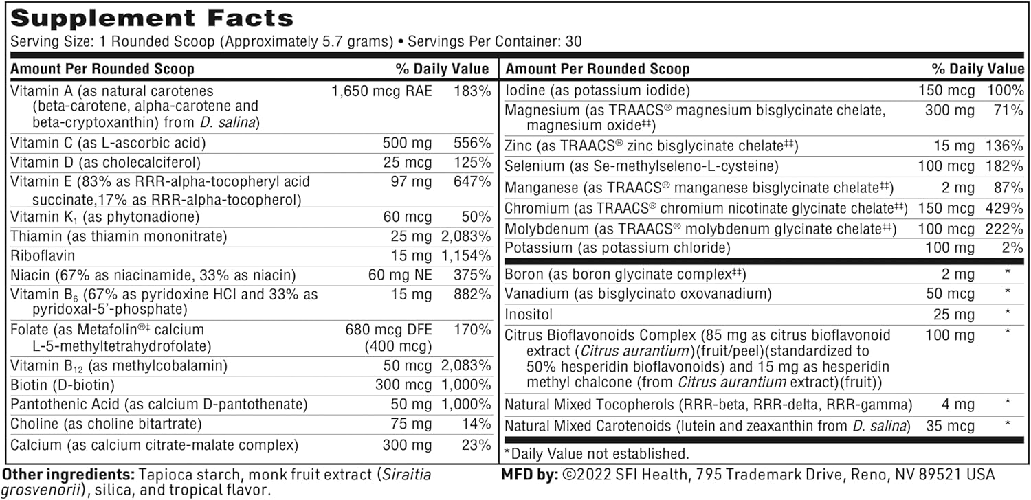 Klaire Labs SFI Health VitaSpectrum Powder - Multivitamínico Infantil en Polvo con 23 Nutrientes Esenciales, Sabor Tropical, Sin Cobre ni Hierro (171 g / 30 raciones)