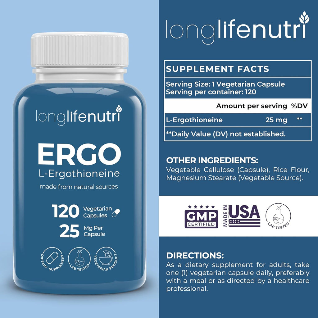 L-Ergothioneine 25mg - 120 Cápsulas Vegetarianas, Suministro para 4 Meses, Suplemento Antioxidante